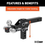 CURT adjustable ball mount featuring three trailer ball sizes for various towing needs.