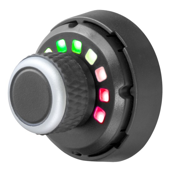 CURT Spectrum trailer brake controller with rotary knob interface and tri-color LEDs for enhanced vehicle safety.