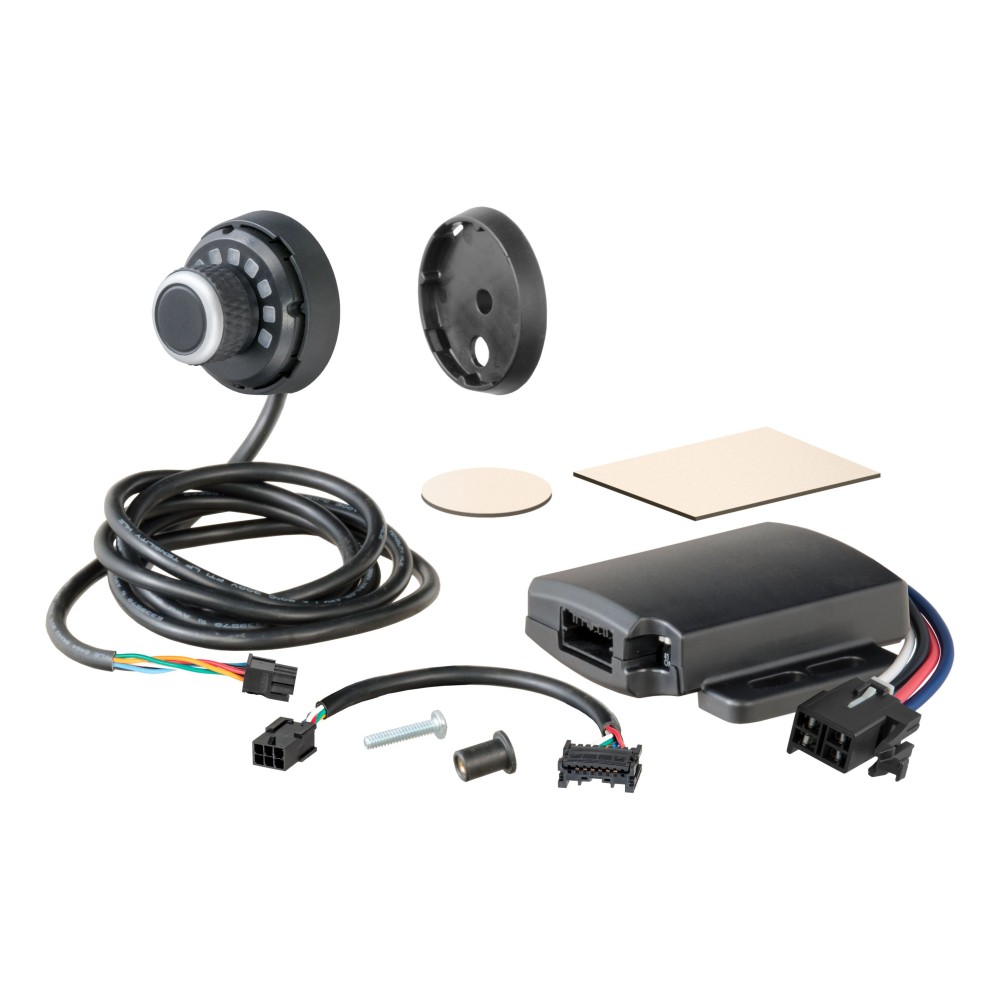 CURT Spectrum trailer brake controller with rotary knob interface and tri-color LEDs for enhanced vehicle safety.