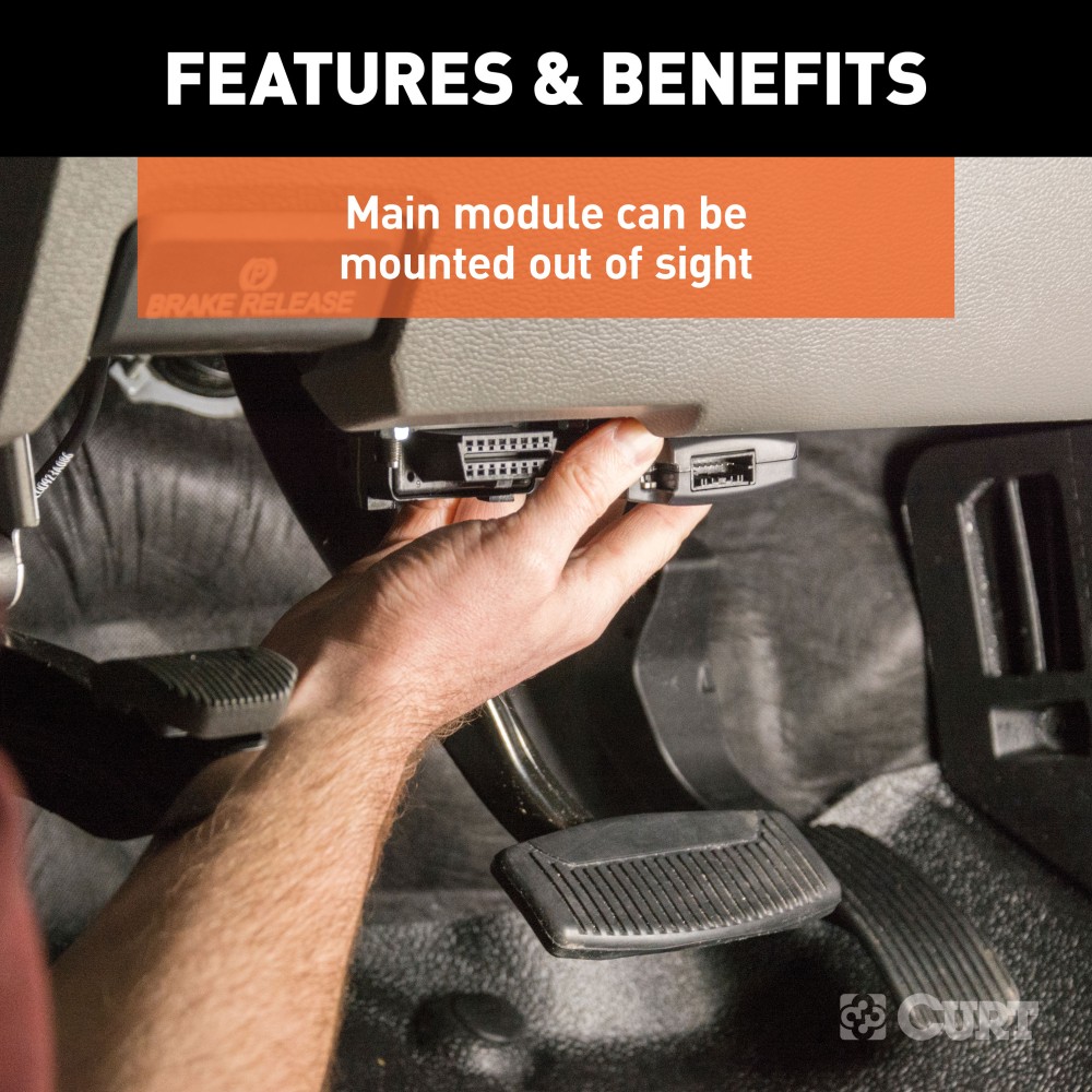 CURT Spectrum trailer brake controller with rotary knob interface and tri-color LEDs for enhanced vehicle safety.