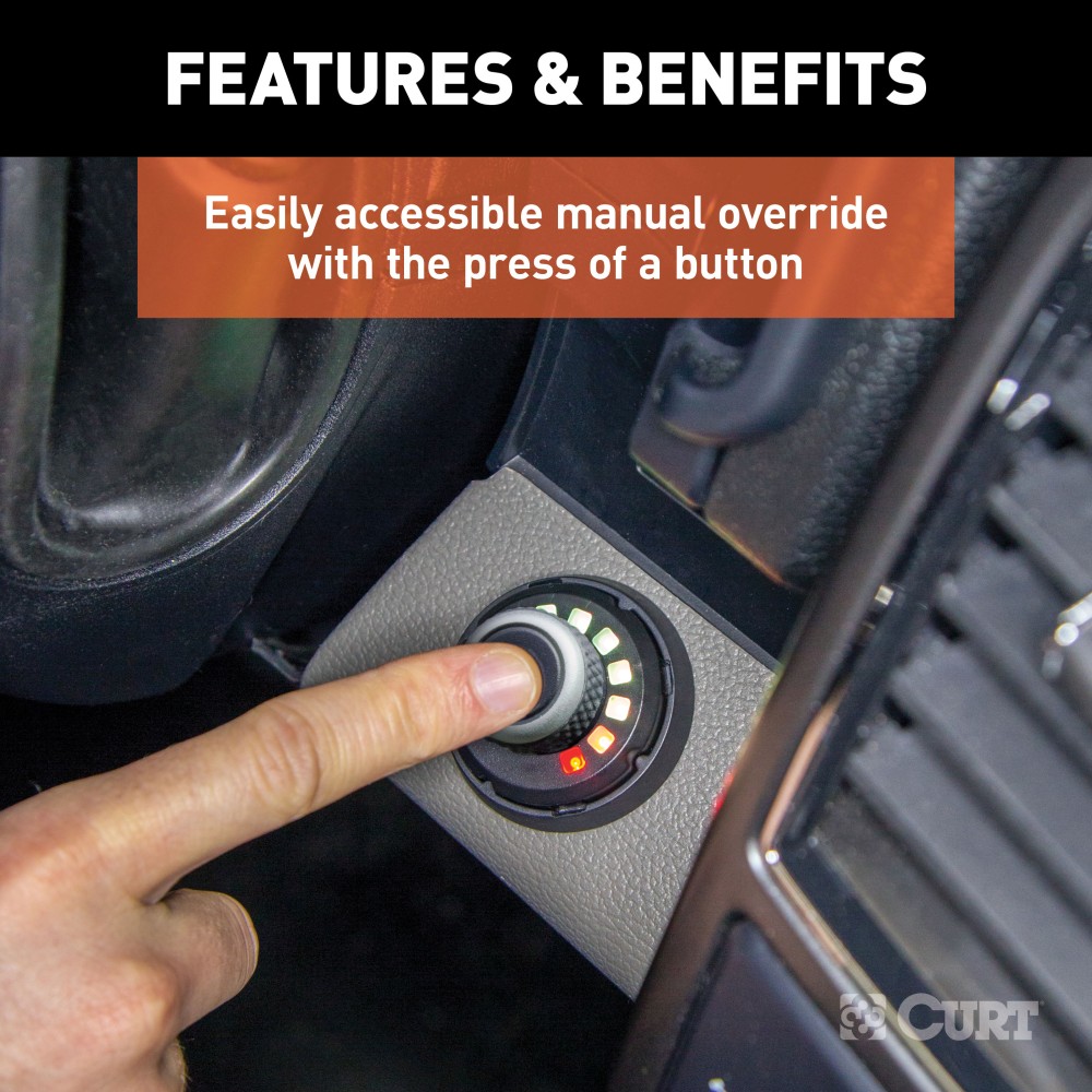 CURT Spectrum trailer brake controller with rotary knob interface and tri-color LEDs for enhanced vehicle safety.