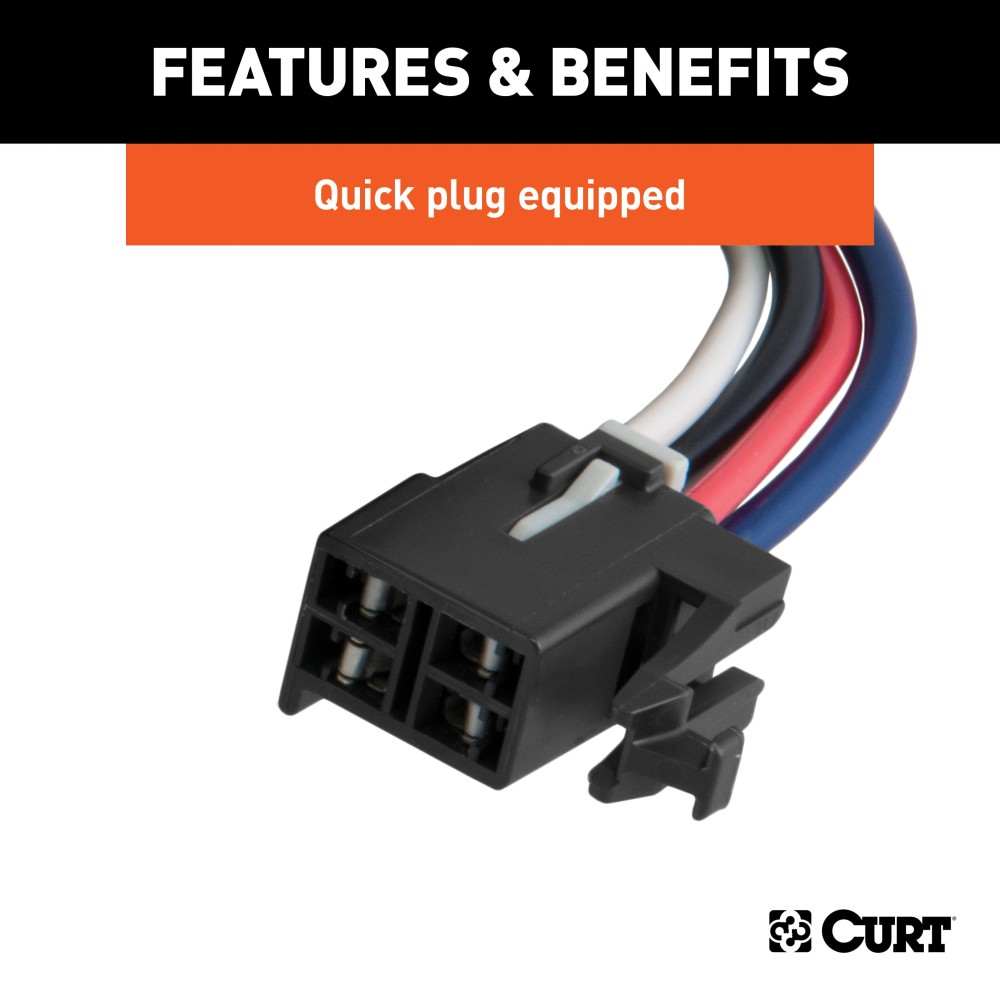 CURT Spectrum trailer brake controller with rotary knob interface and tri-color LEDs for enhanced vehicle safety.