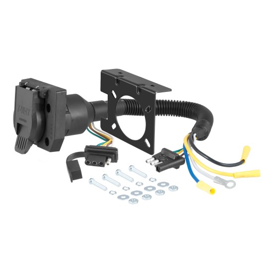 CURT electrical adapter with 4-way flat and 7-way RV blade connectors, dust covers, and mounting bracket.