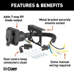 CURT electrical adapter with 4-way flat and 7-way RV blade connectors, dust covers, and mounting bracket.