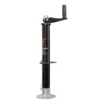 Lippert Quick Drop tongue jack on trailer, convertible to powered operation with a drill, 2000 lb capacity, black finish.