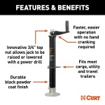 Lippert Quick Drop tongue jack on trailer, convertible to powered operation with a drill, 2000 lb capacity, black finish.