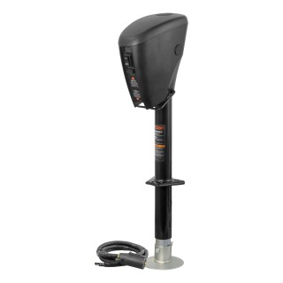 Lippert Power Stance electric tongue jack with LED lights, 2-way to 7-way plug system, and durable design for camping trailers.