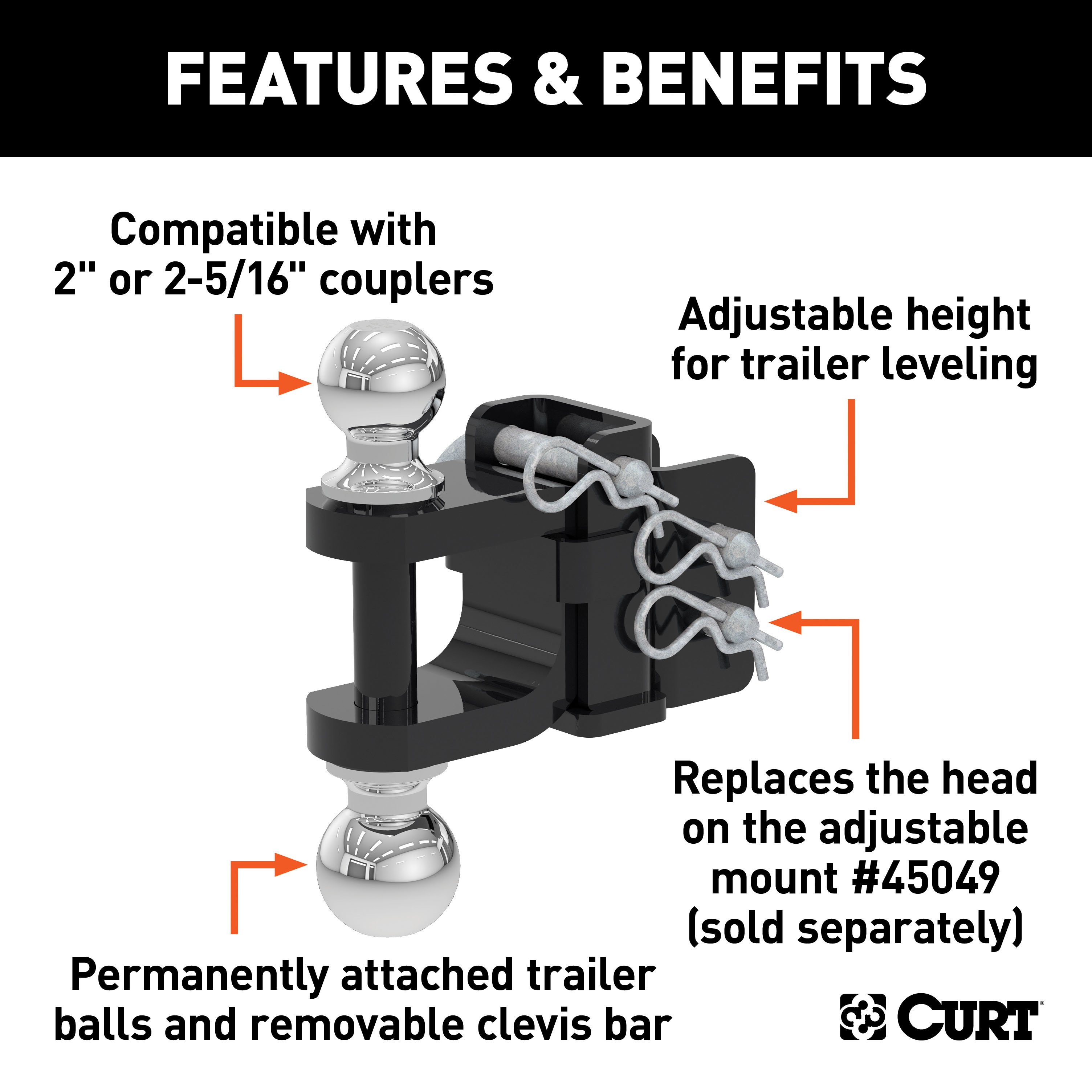 CURT Adjustable Trailer Hitch Ball Mount Head Replacement Part for 45049 45008