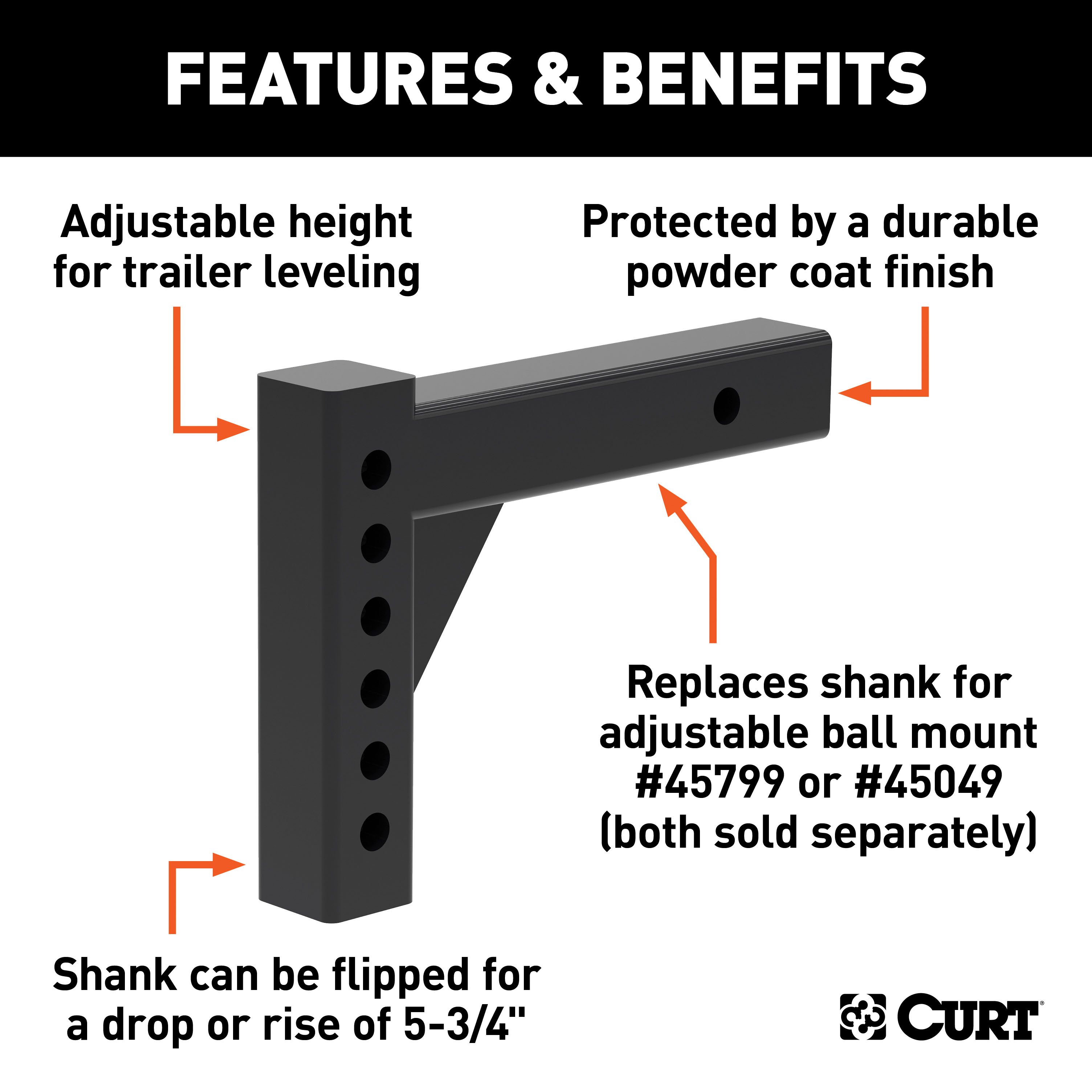 CURT Adjustable Trailer Hitch Ball Mount Shank for 45799 Fits 2 Inch Receiver 45059