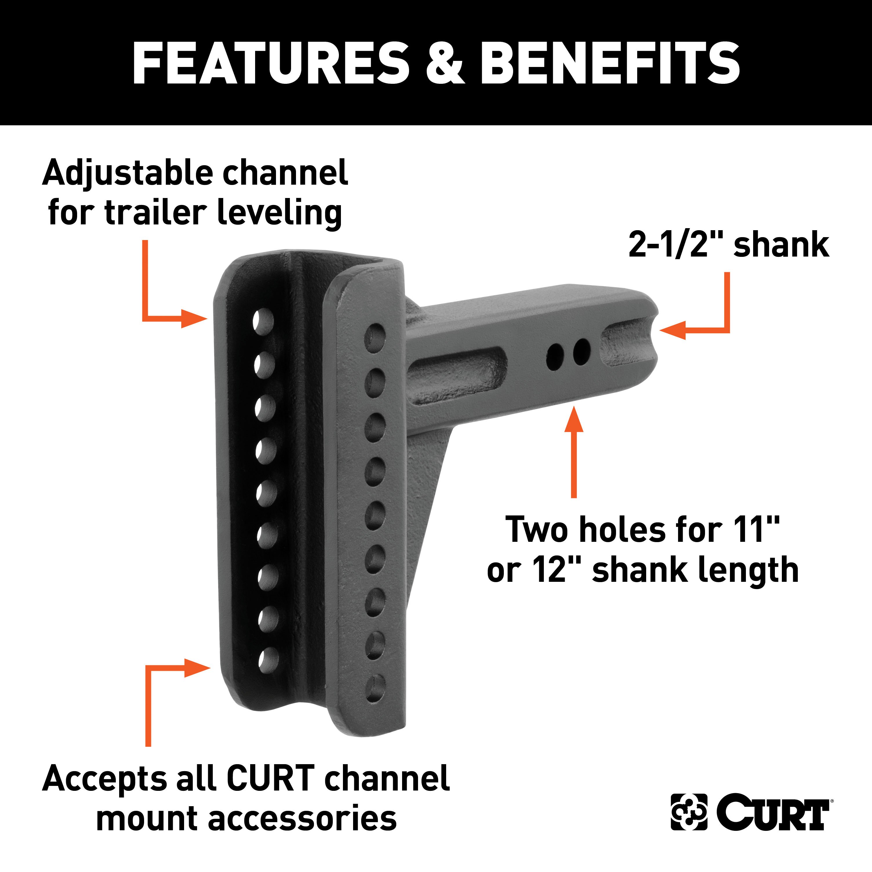 CURT Replacement Shank for Adjustable Trailer Hitch Ball Mount Fits 2-1/2 Inch Receiver 45917